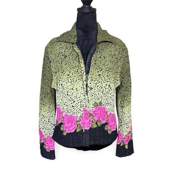 Quilted Green Pink Floral Jacket Wearable Art Bright Print Puff Texture Zip Up - Picture 4 of 8